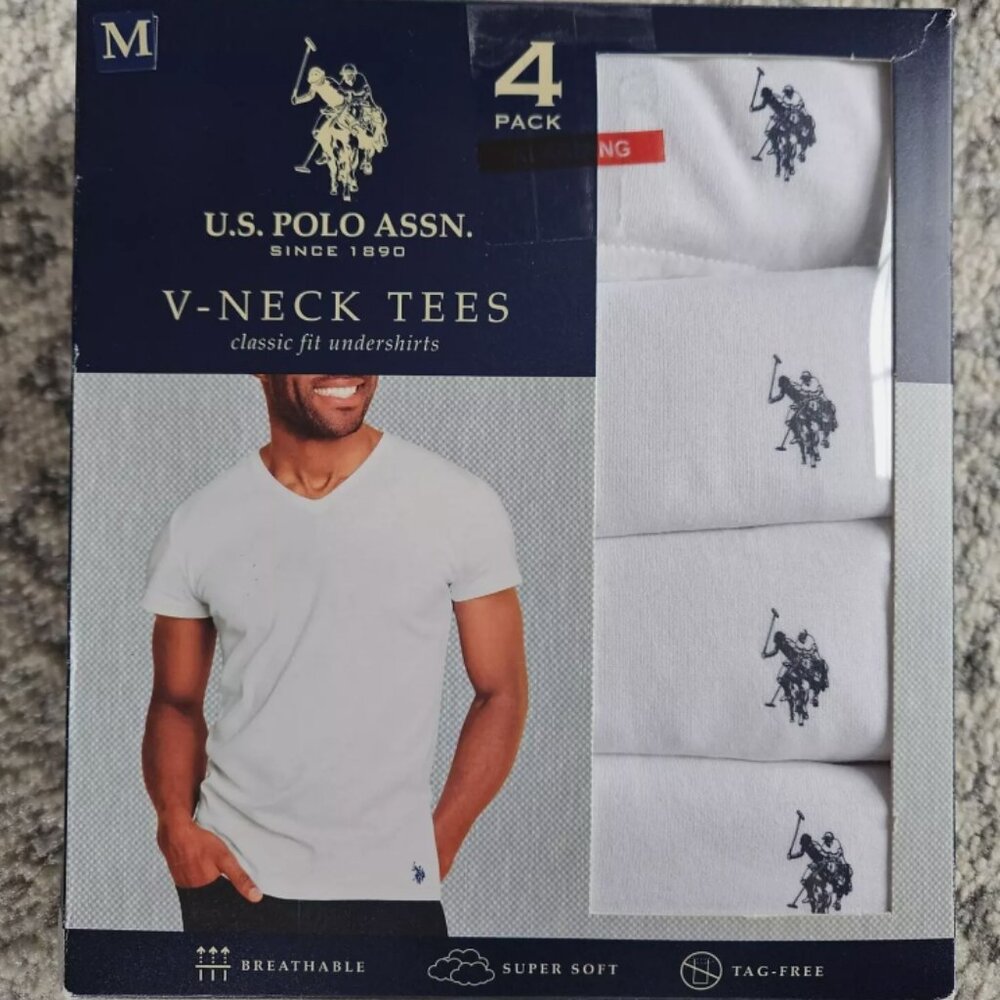 U.S. POLO ASSN. Men's 4pk V Neck T-Shirts Size M White Premium Cotton Blend NEW